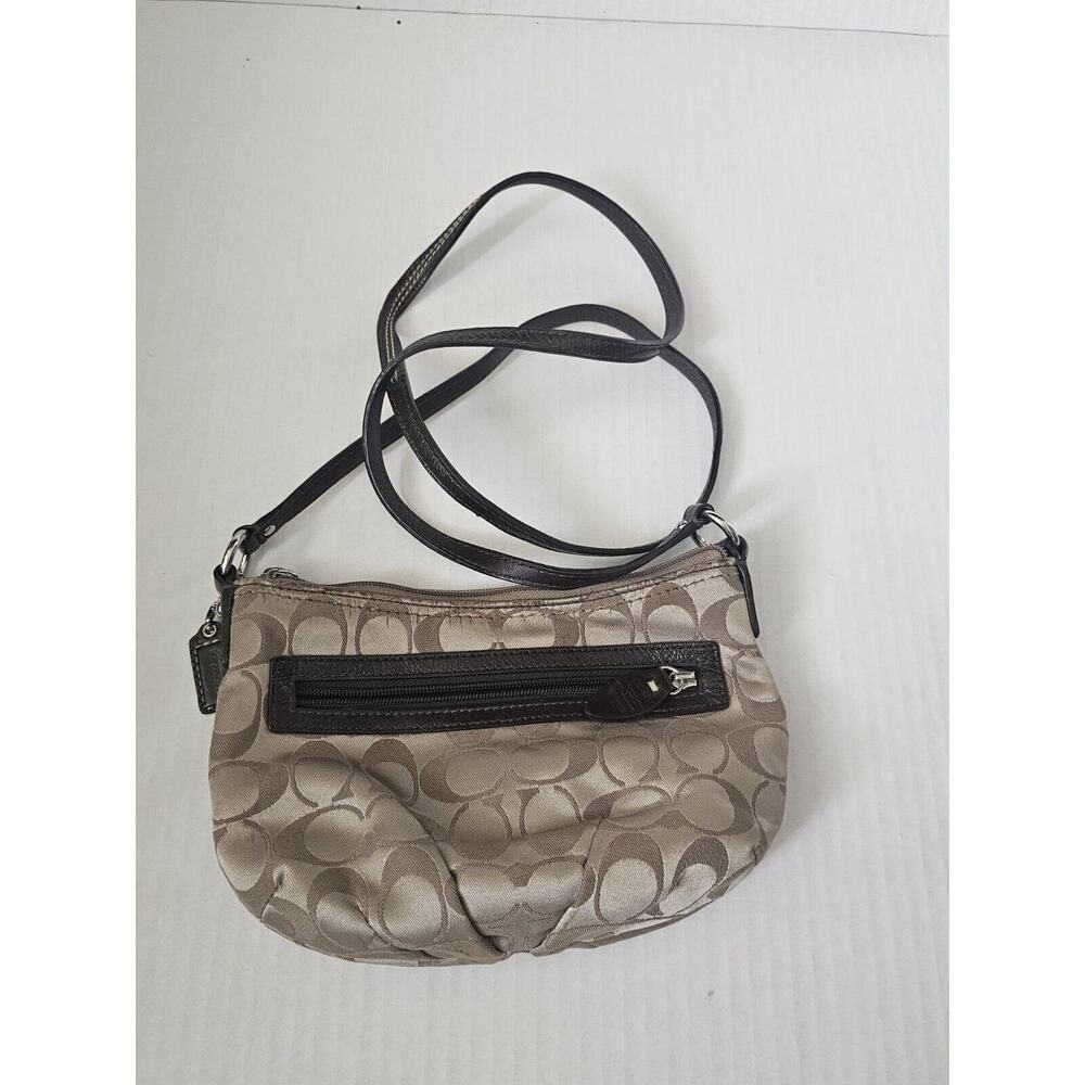 Coach Mini Crossbody Bag Womens Beige Signature Sateen with Front Pocket Zip Top